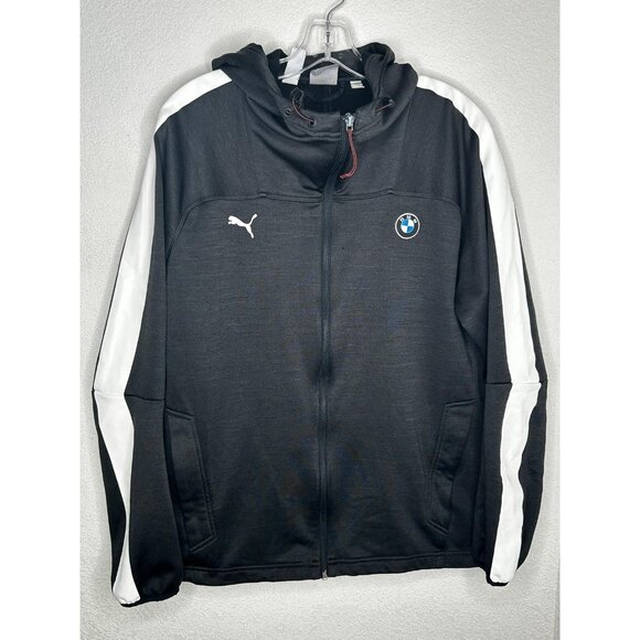 Puma BMW Motorsport Hoodie Mens Medium Full Zip Jacket Black White Stripe Racing - Picture 1 of 16